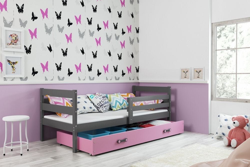 eoshop Detská posteľ Eryk - 1 osoba, 90x200 s úložným priestorom - Grafit, Ružová
